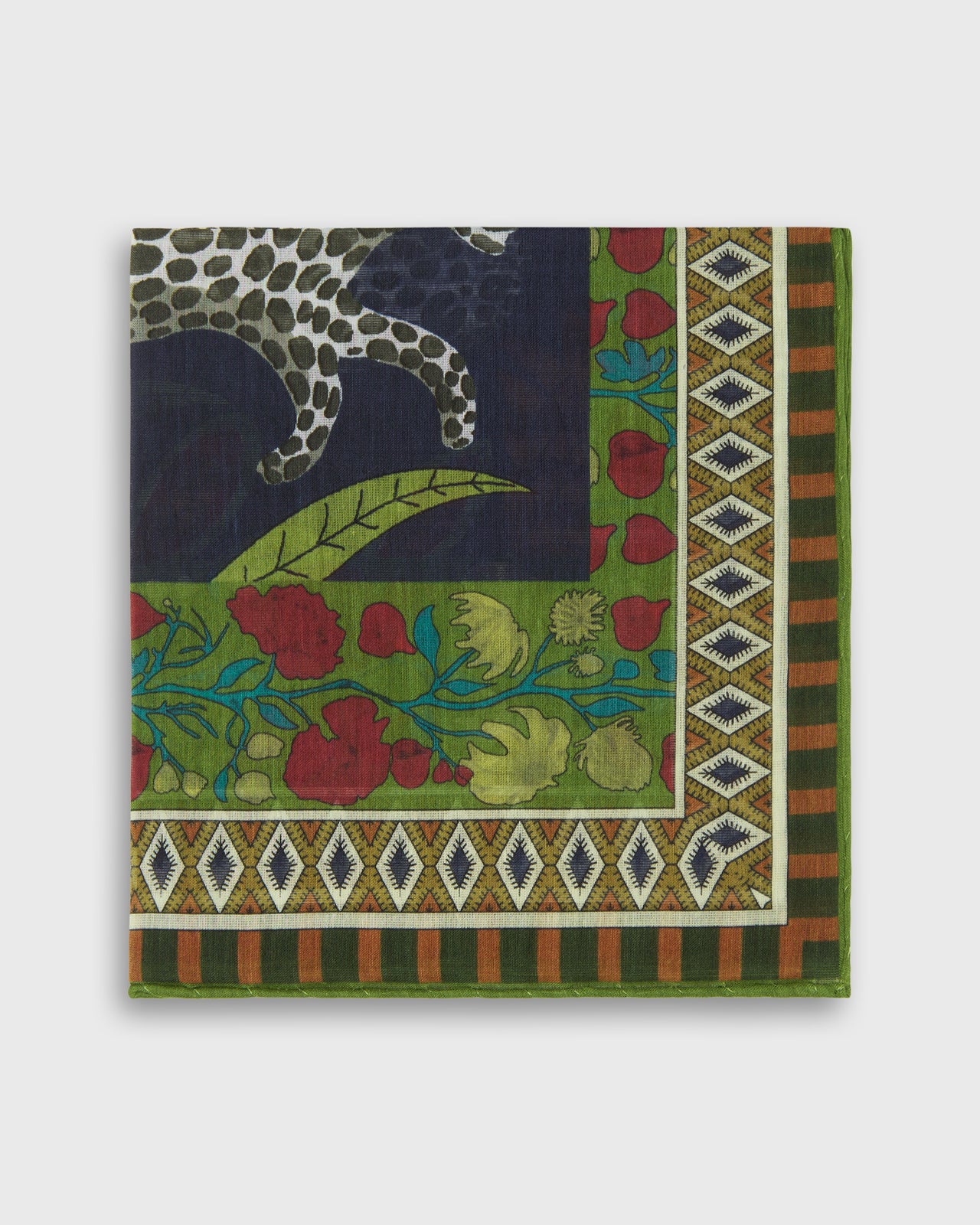 Hand-Rolled Cotton Pocket Square in Lovat/Berry Leopard