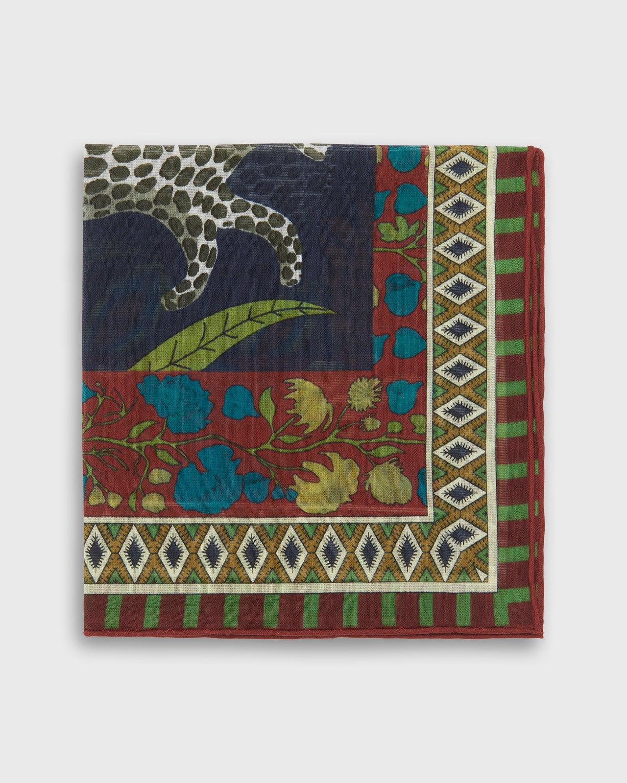 Hand-Rolled Cotton Pocket Square in Berry/Sage Leopard