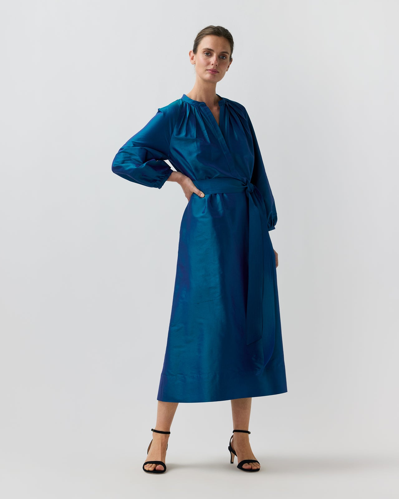 Sienna Midi Dress in Marine Silk Shantung