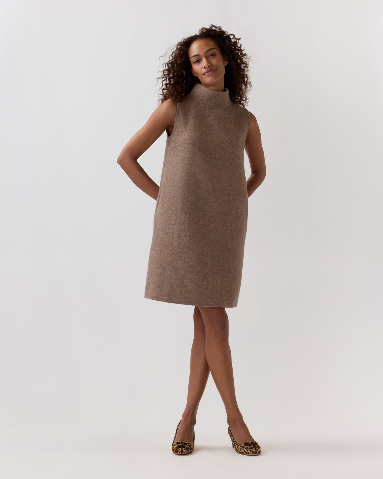 Sleeveless Ana Dress in Mink/Light Pink Double-Faced Melton