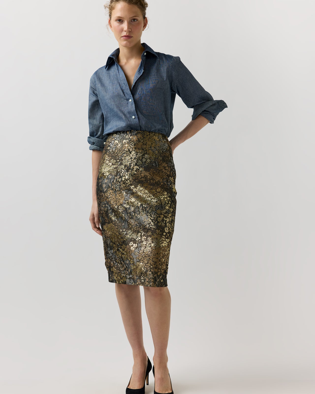 Aurora Skirt in Brown/Gold Metallic Floral Jacquard