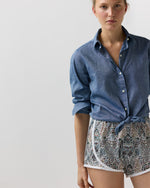 Load image into Gallery viewer, Track Short in Ivory/Indigo/Bordeaux Kensington Park Liberty Fabric
