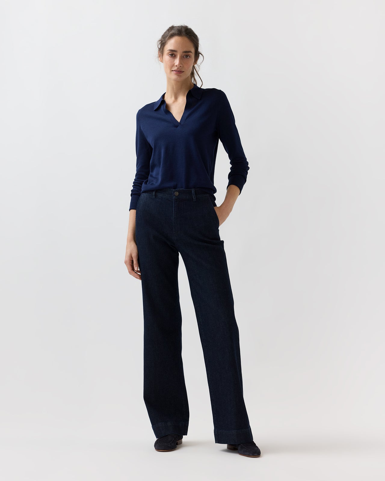 Alida Johnny-Collar Sweater in Navy Ice Cotton