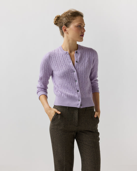 Rosie Cable Cardigan in Heather Lavender Cashmere