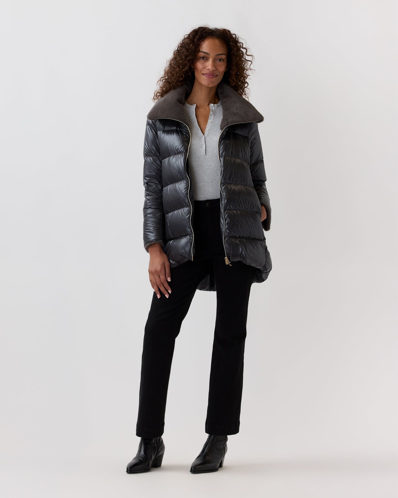 High-Low Coat With Faux-Fur Collar in Charcoal