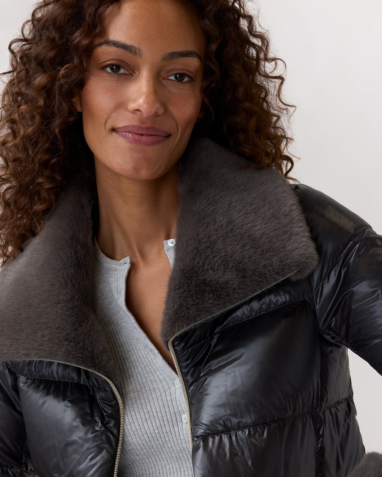 High-Low Coat With Faux-Fur Collar in Charcoal