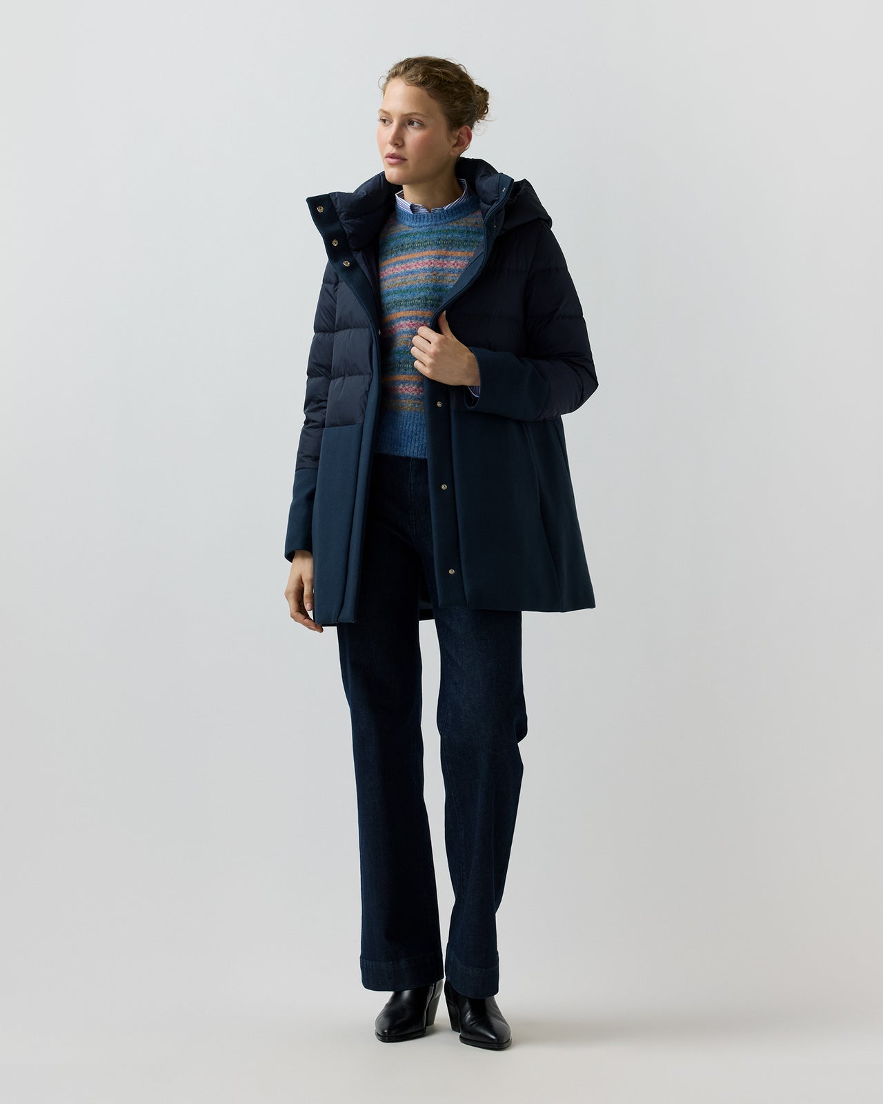 Mixed Media Long Puffer in Navy