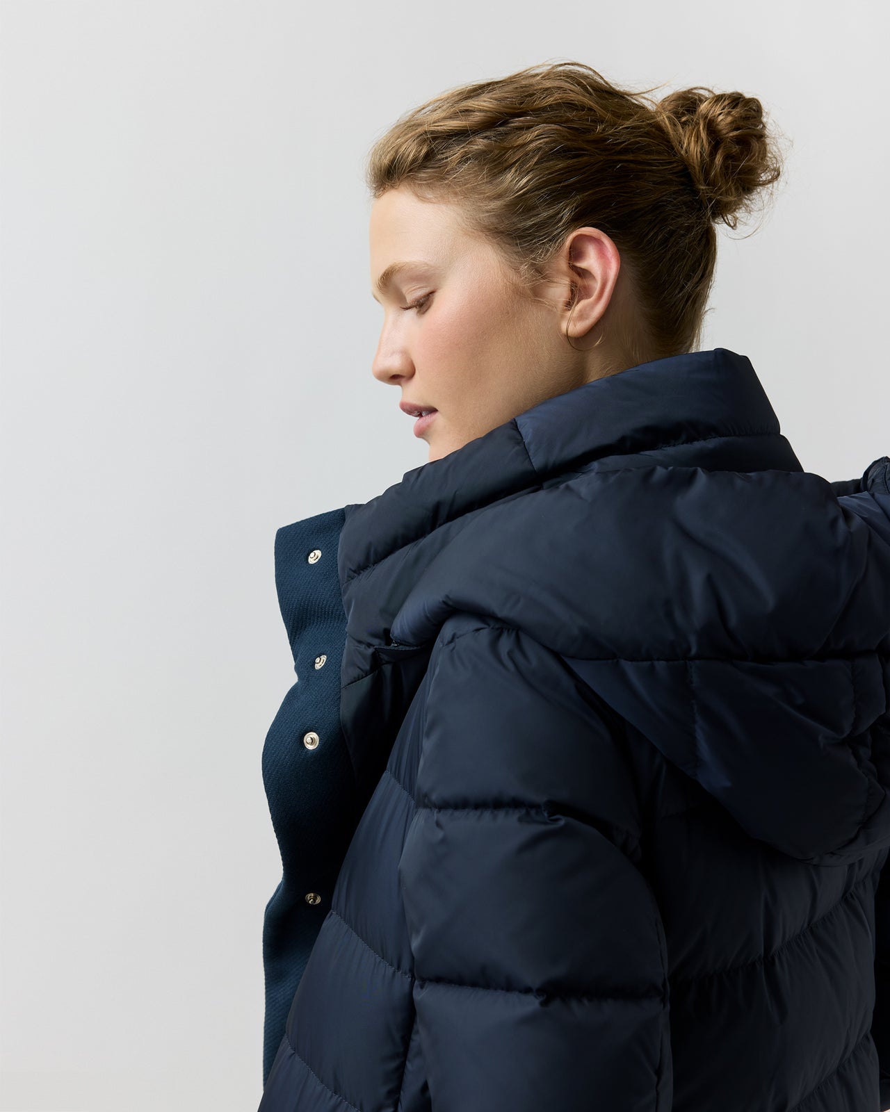 Mixed Media Long Puffer in Navy