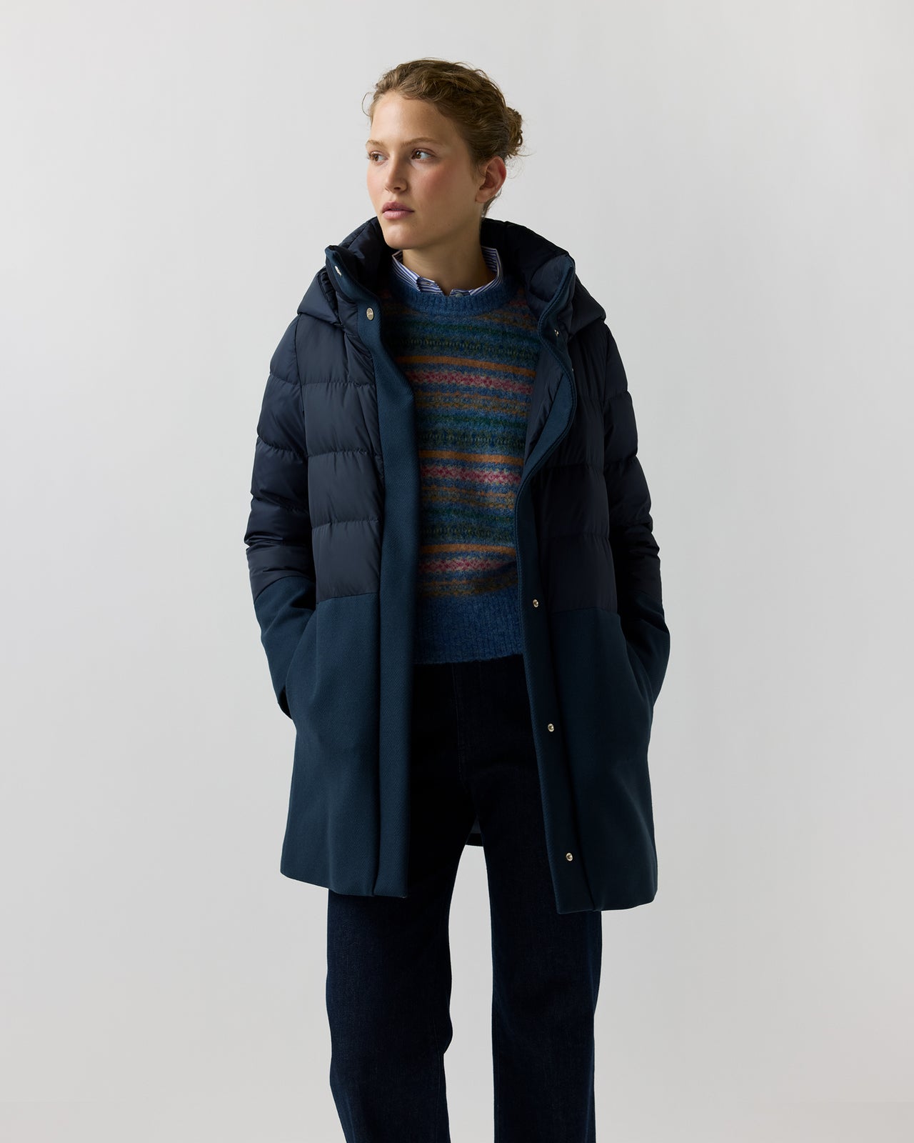 Mixed Media Long Puffer in Navy