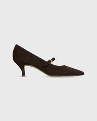 Pointed-Toe Mary Jane Pump in Chocolate Suede