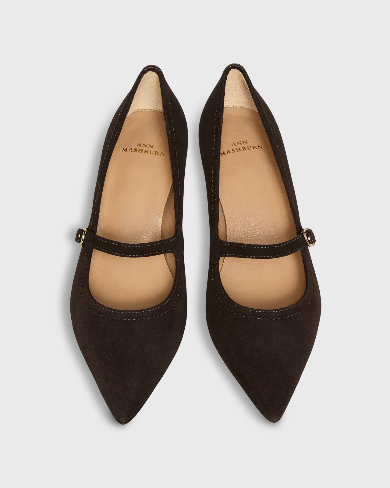 Pointed-Toe Mary Jane Pump in Chocolate Suede