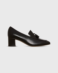 Tassel Heel Loafer in Black Leather