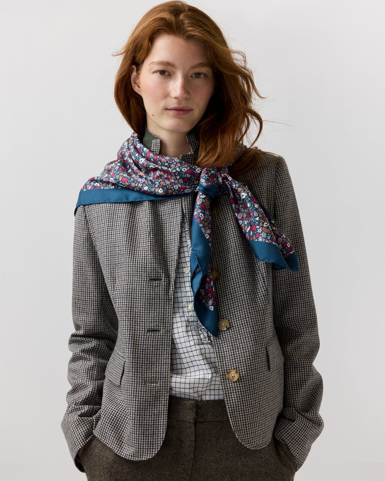 Large Hand-Rolled Scarf in Navy/Red Petal & Daisy Liberty Fabric Silk Twill