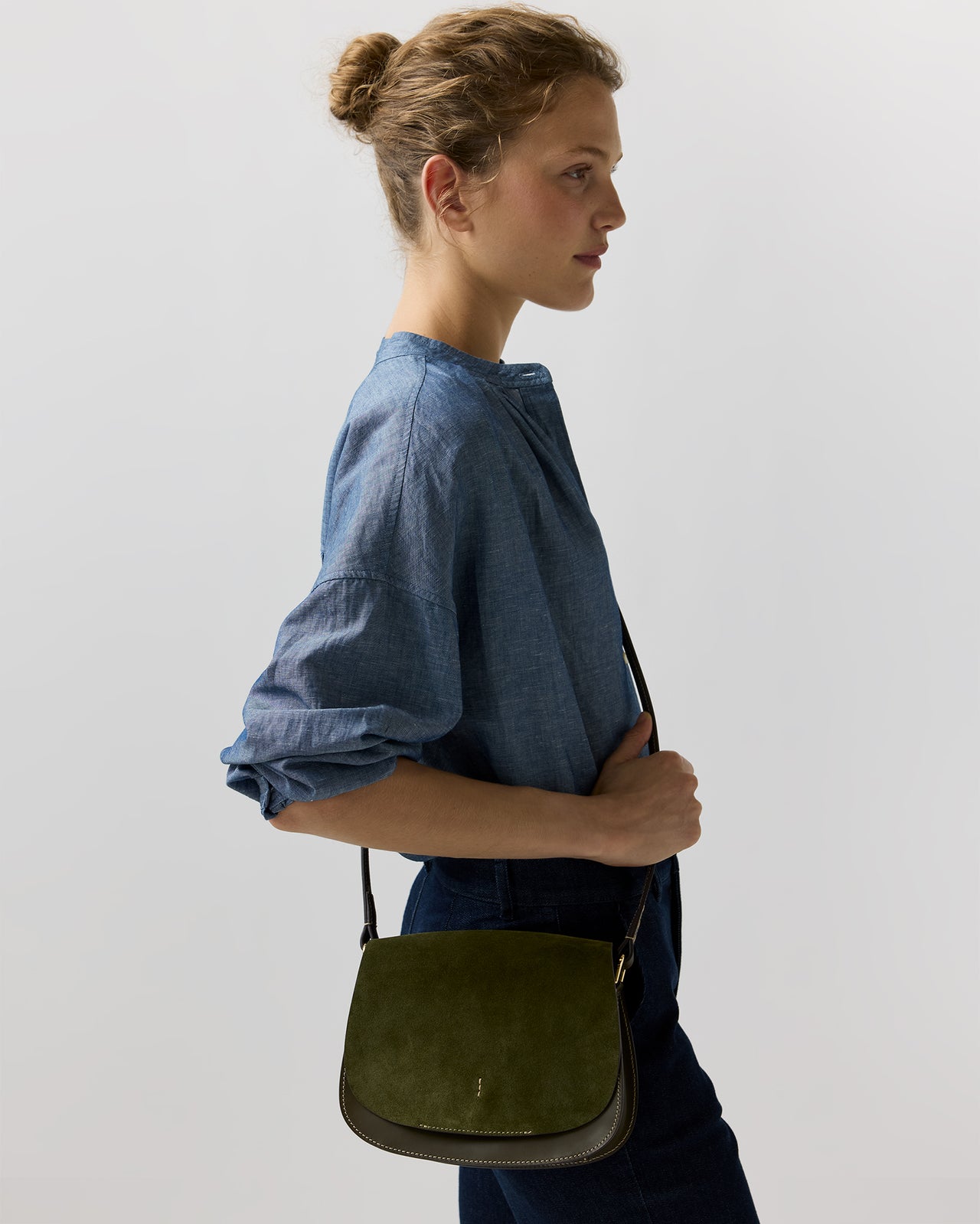 Clarette Crossbody Bag in Olive Suede/Leather