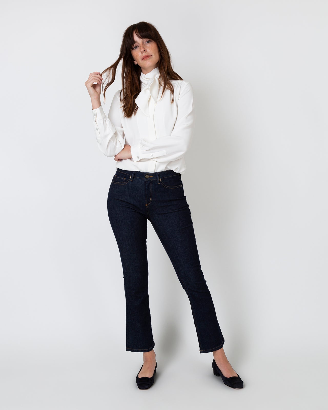 Tie-Neck Blouse in Ivory Silk Crepe de Chine