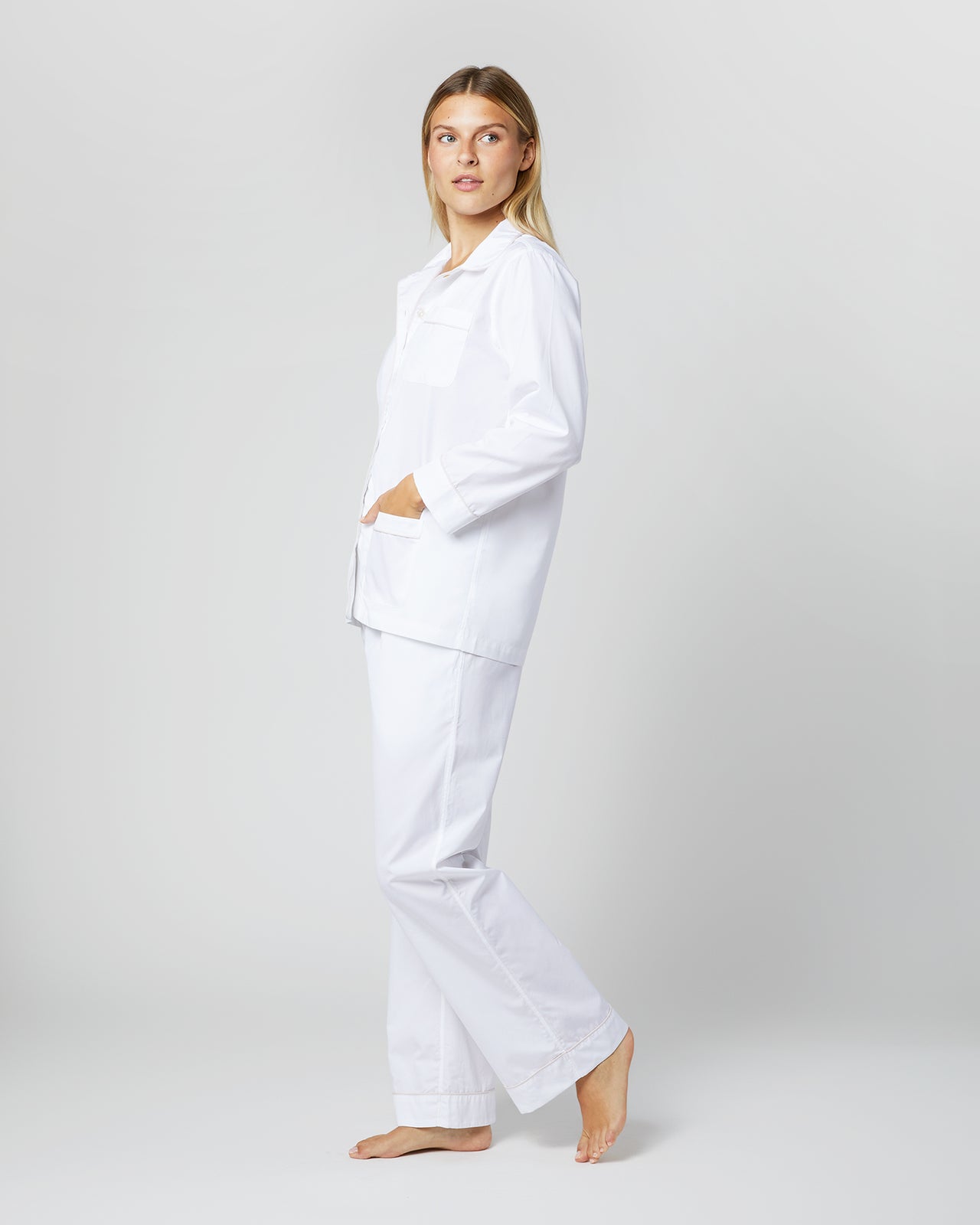 Pajama Set in White Poplin/Pink Trim