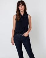 Load image into Gallery viewer, Sleeveless Tie-Neck Blouse in Navy Silk Crepe de Chine
