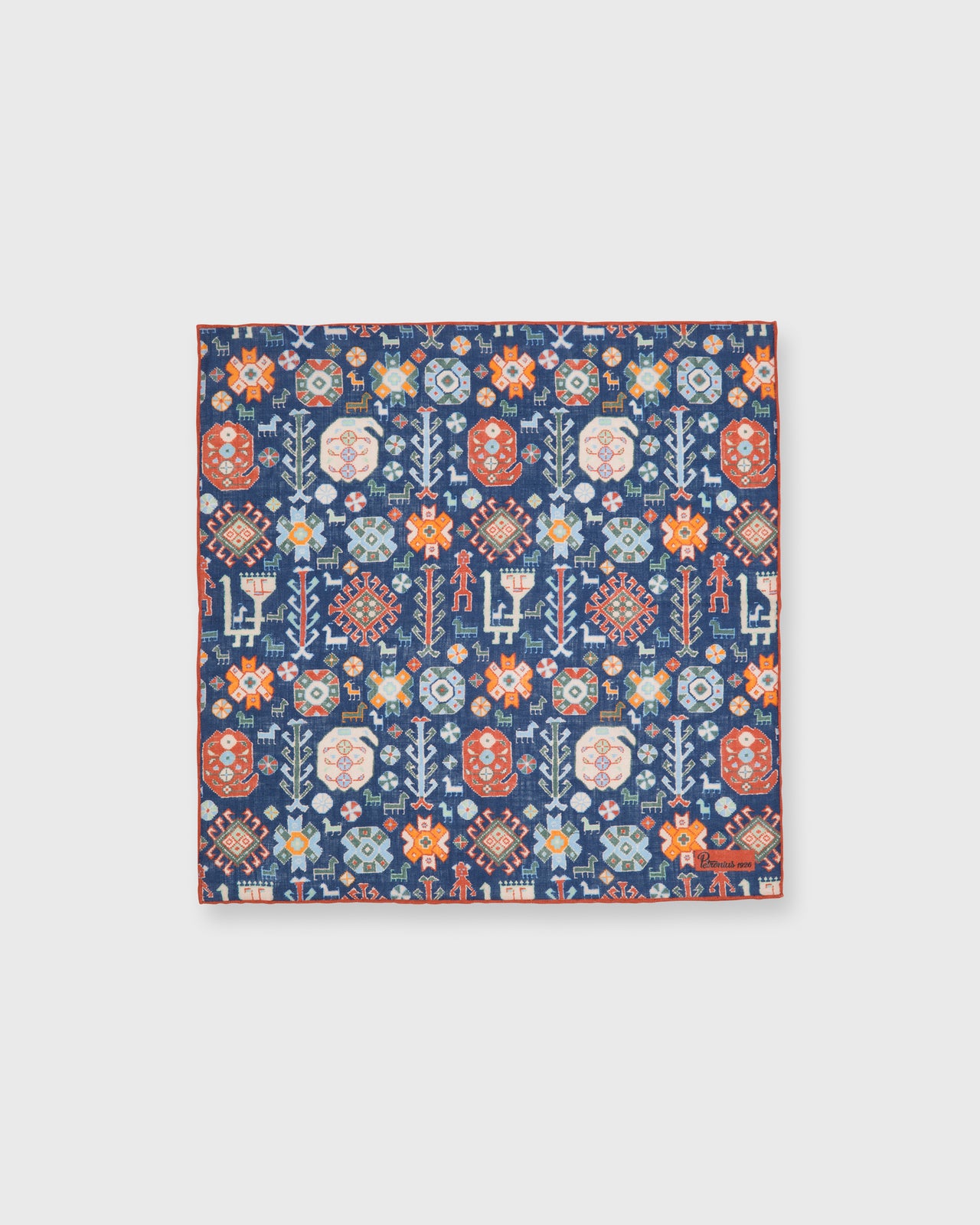 Linen Pocket Square in Navy/Ecru/Oregano/Sky/Brick Aztec Motif
