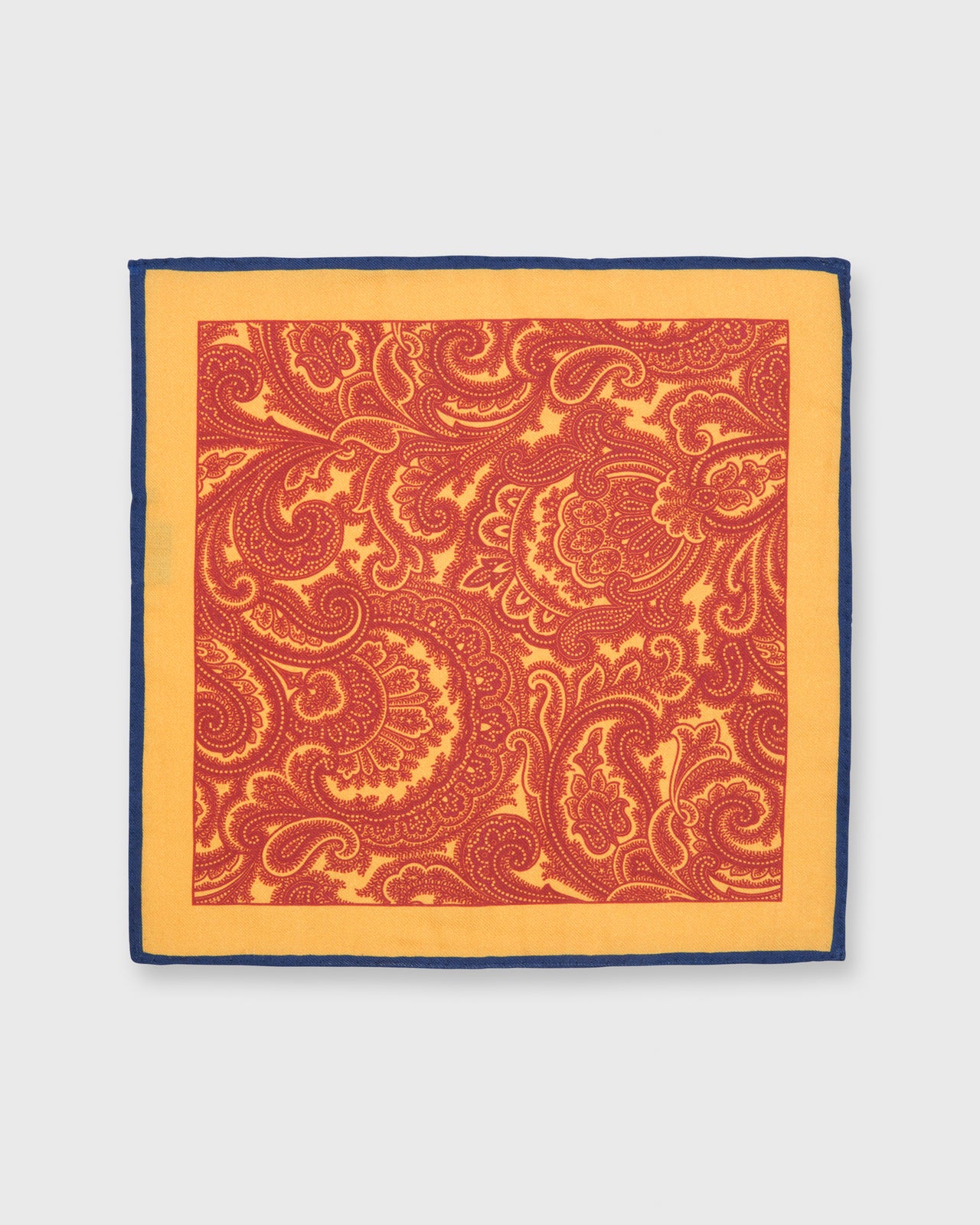 Wool/Silk Print Pocket Square Collegiate Gold/Vermillion/Navy Large Paisley