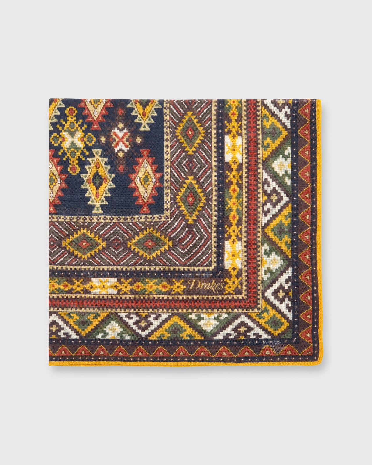 Hand-Rolled Pocket Square Navy/Gold/Multi Geo Kelim