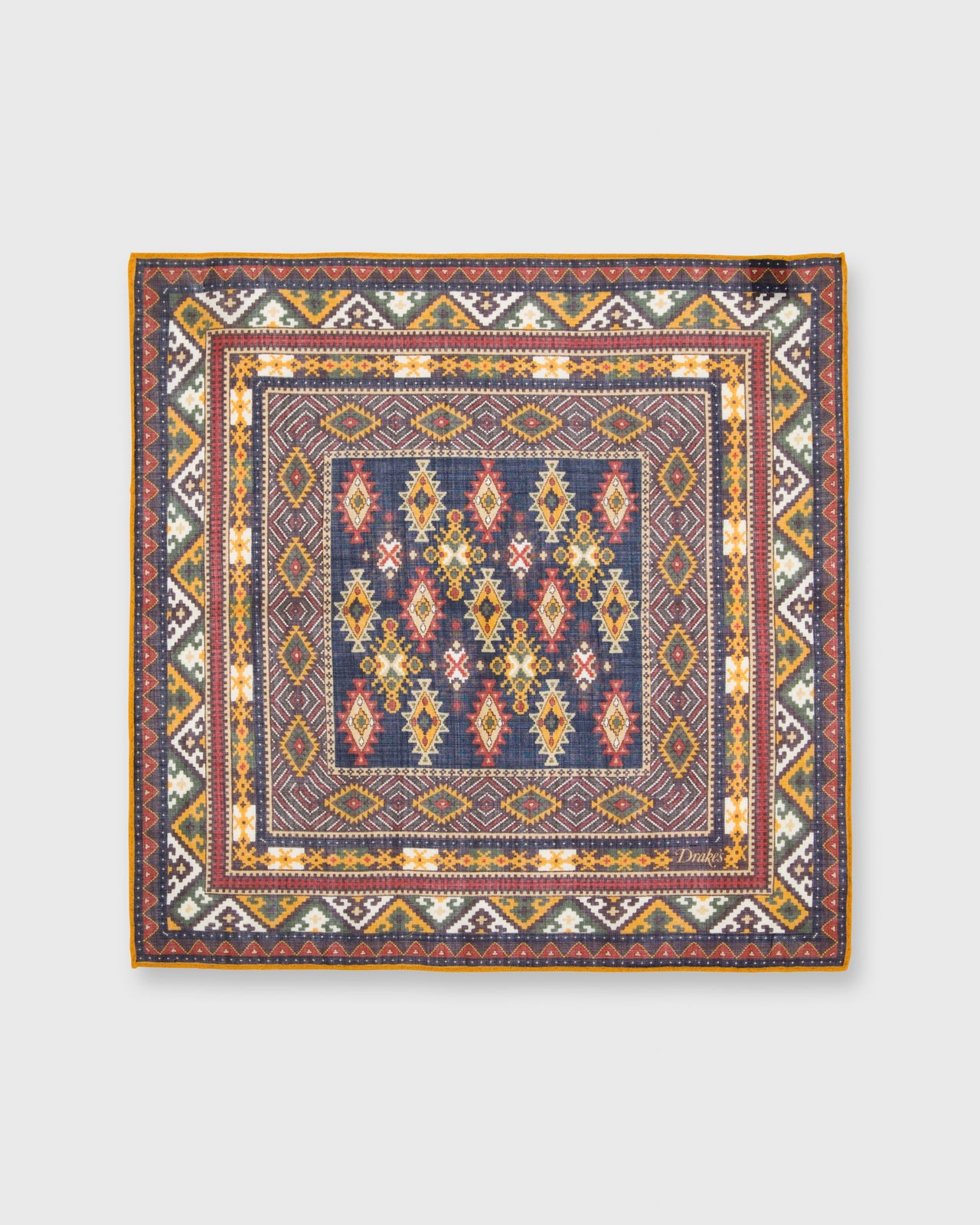 Hand-Rolled Pocket Square Navy/Gold/Multi Geo Kelim