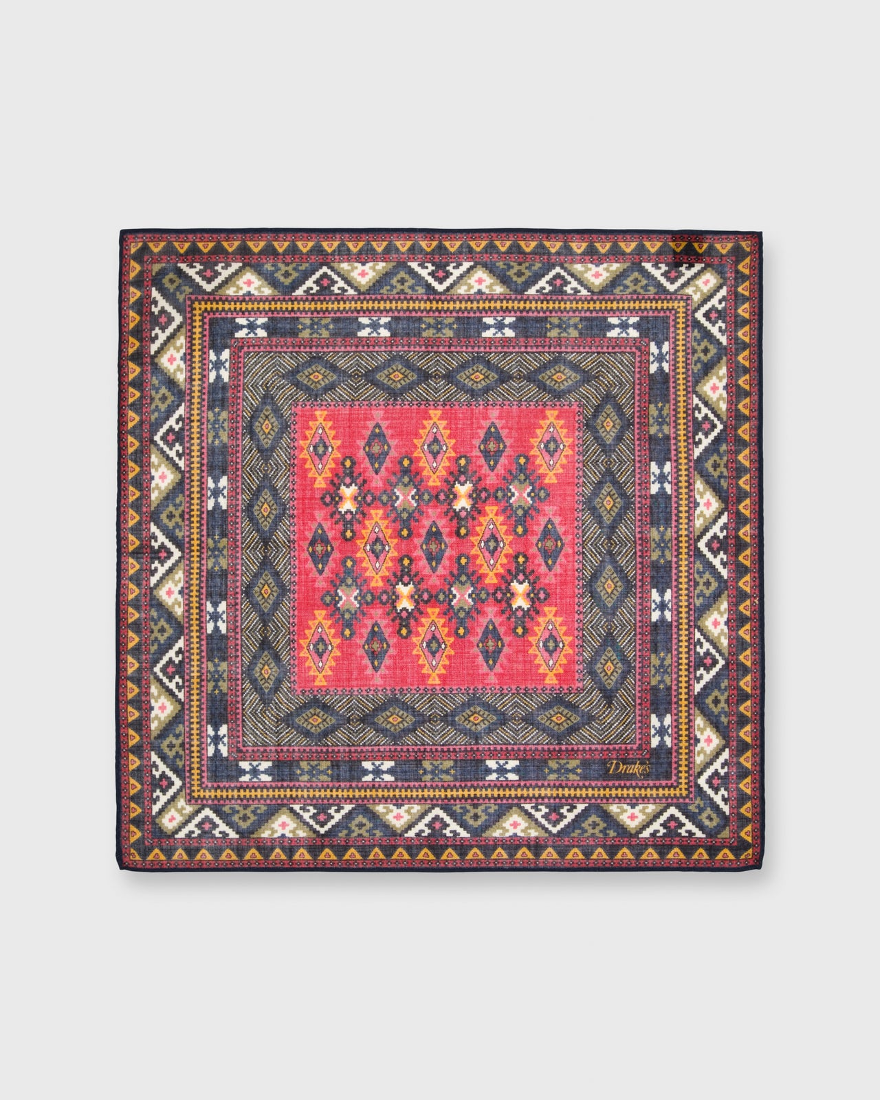 Hand-Rolled Pocket Square Dark Navy/Tomato/Multi Geo Kelim