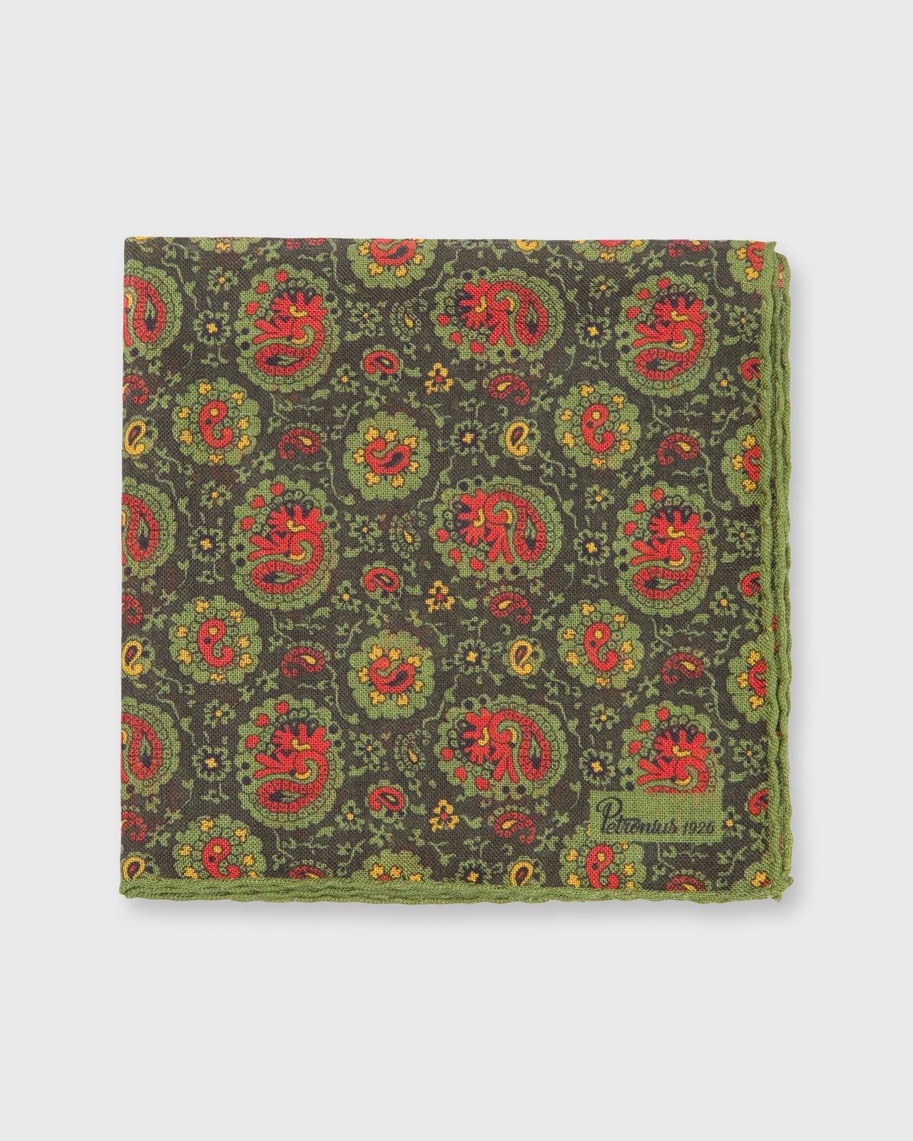 Hand-Rolled Pocket Square Loden/Red Paisley