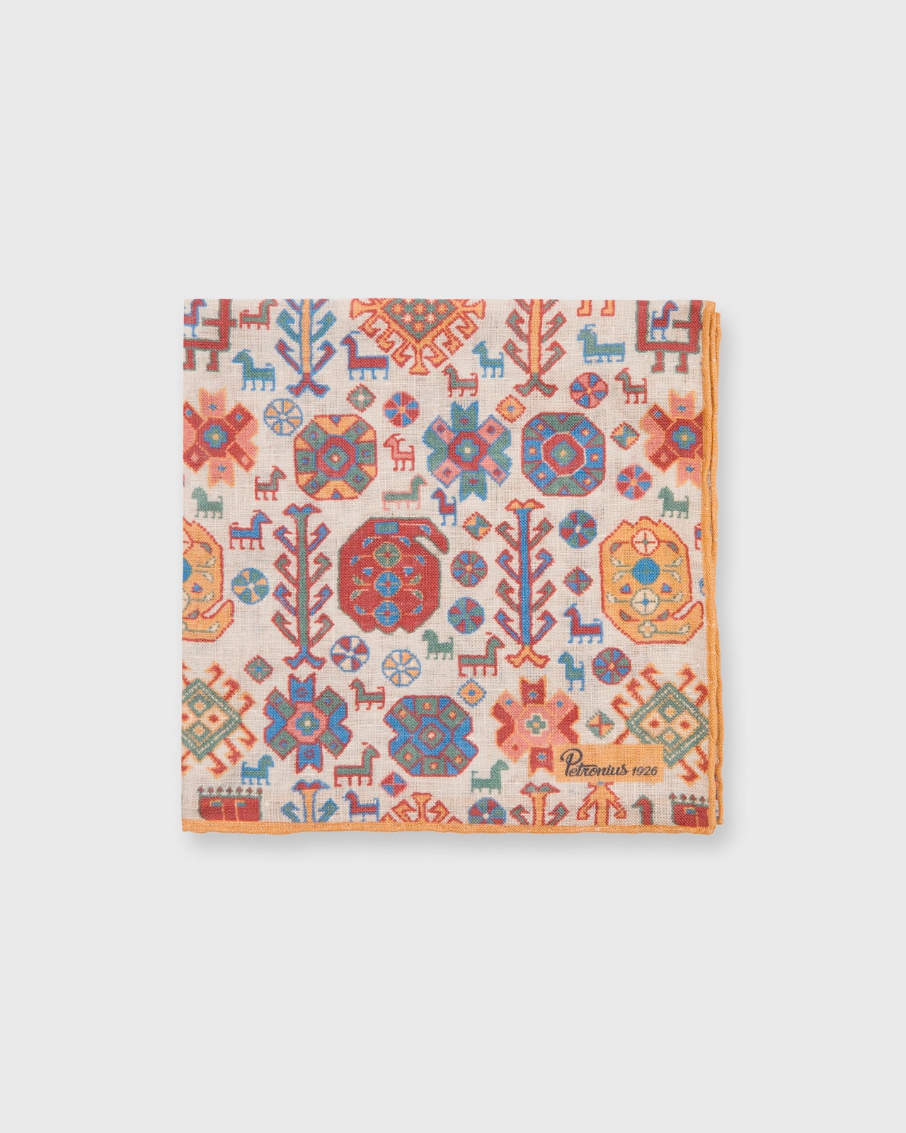 Linen Pocket Square in Natural/Olive/Blue/Gold Aztec Motif
