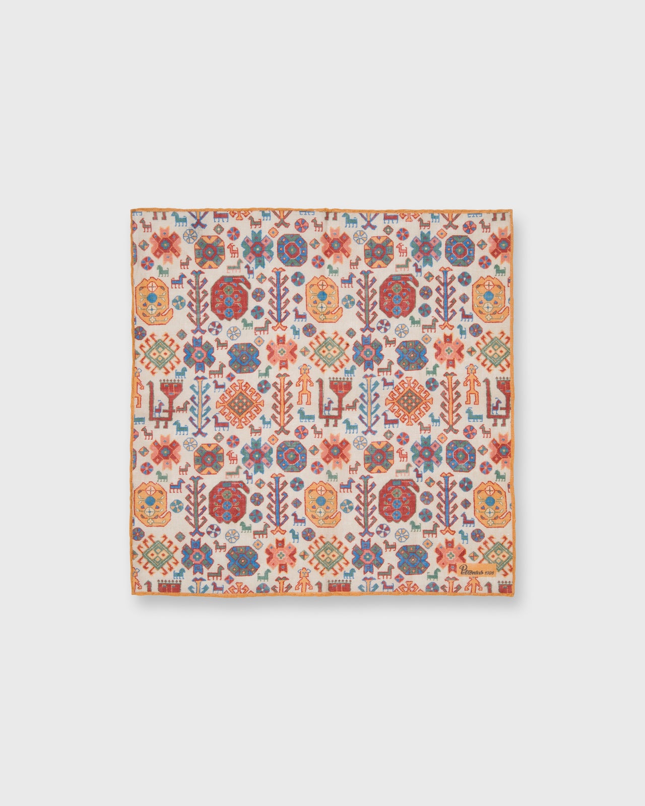 Linen Pocket Square in Natural/Olive/Blue/Gold Aztec Motif
