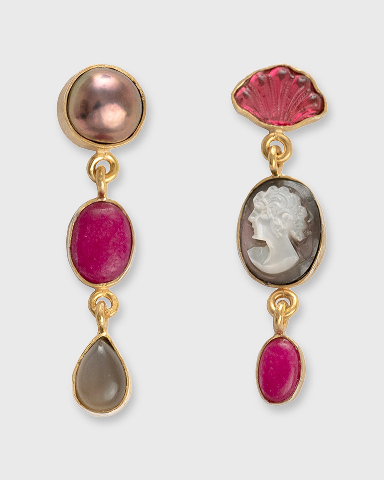 Three Charm Moving Drop Earrings Burgundy