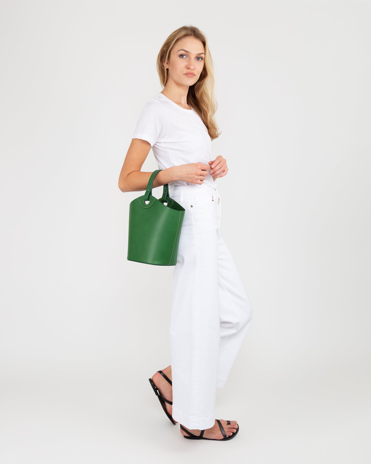 Bucket Tote Green Leather