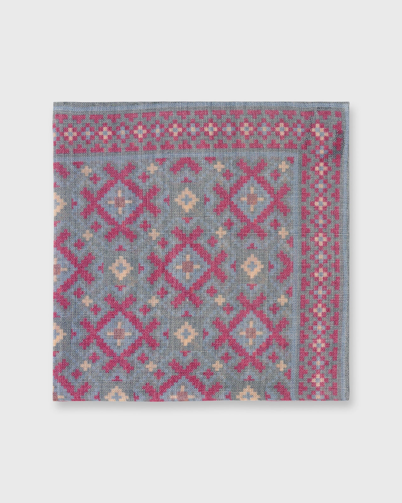 Hand-Rolled Wool/Silk Pocket Square in Evergreen/Burgundy/Gold Aztec