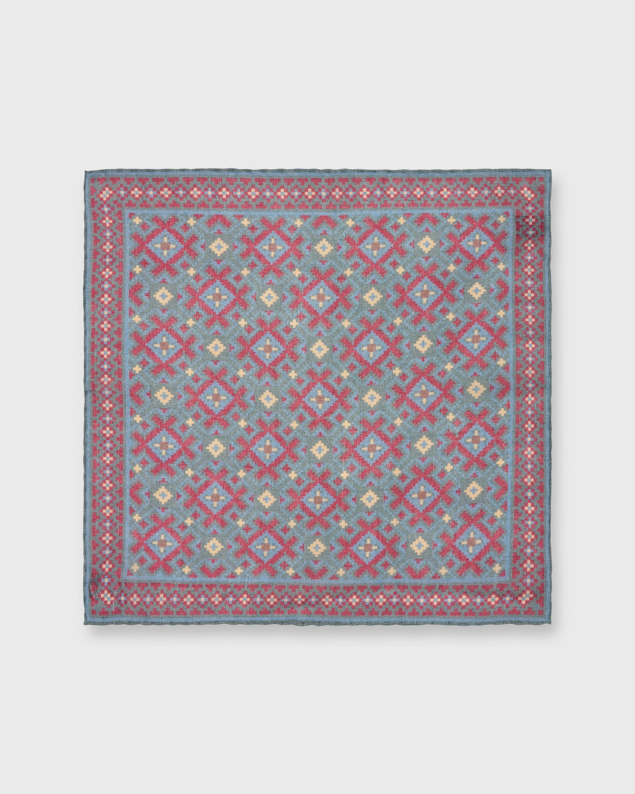 Hand-Rolled Wool/Silk Pocket Square in Evergreen/Burgundy/Gold Aztec