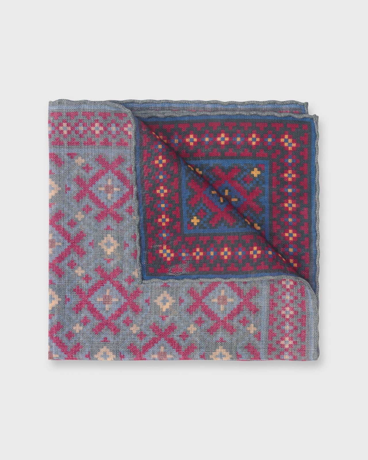 Hand-Rolled Wool/Silk Pocket Square in Evergreen/Burgundy/Gold Aztec