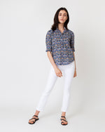 Load image into Gallery viewer, Elbow-Sleeve Frill Shirt in Blue/Gold Strawberry Thief Liberty Fabric
