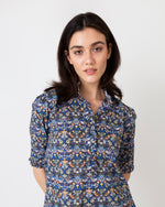 Load image into Gallery viewer, Elbow-Sleeve Frill Shirt in Blue/Gold Strawberry Thief Liberty Fabric
