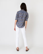 Load image into Gallery viewer, Elbow-Sleeve Frill Shirt in Blue/Gold Strawberry Thief Liberty Fabric

