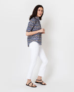 Load image into Gallery viewer, Elbow-Sleeve Frill Shirt in Blue/Gold Strawberry Thief Liberty Fabric
