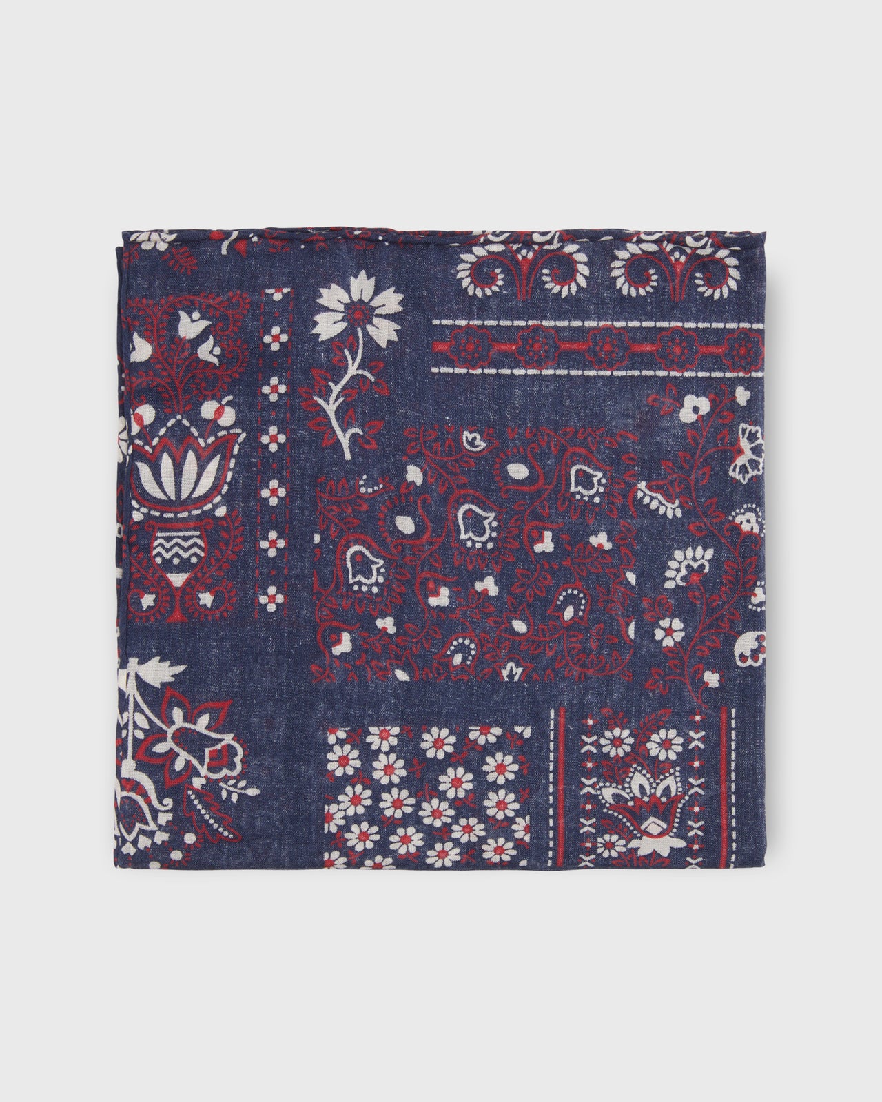 Hand-Rolled Cotton Pocket Square in Navy Patchwork Paisley