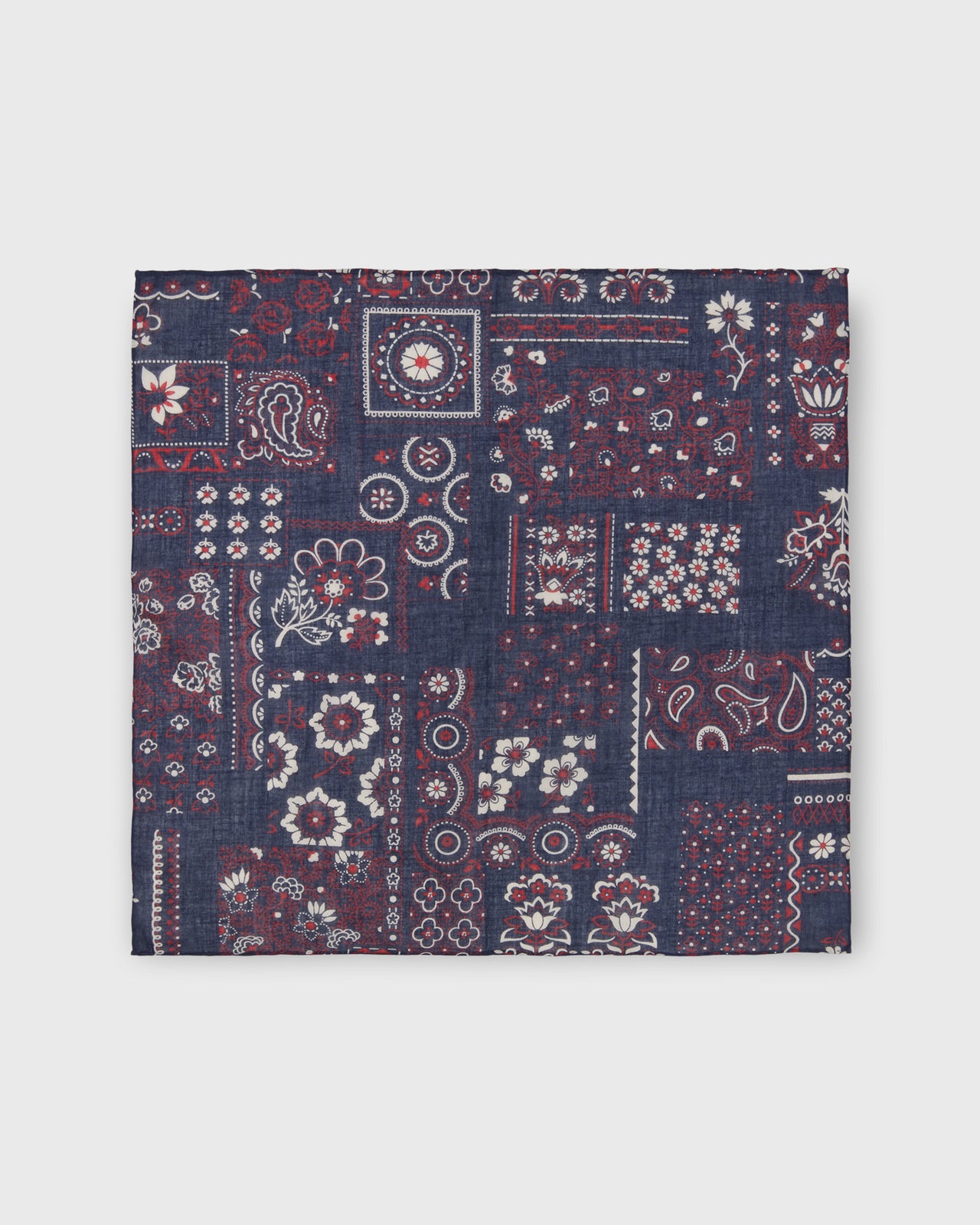 Hand-Rolled Cotton Pocket Square in Navy Patchwork Paisley