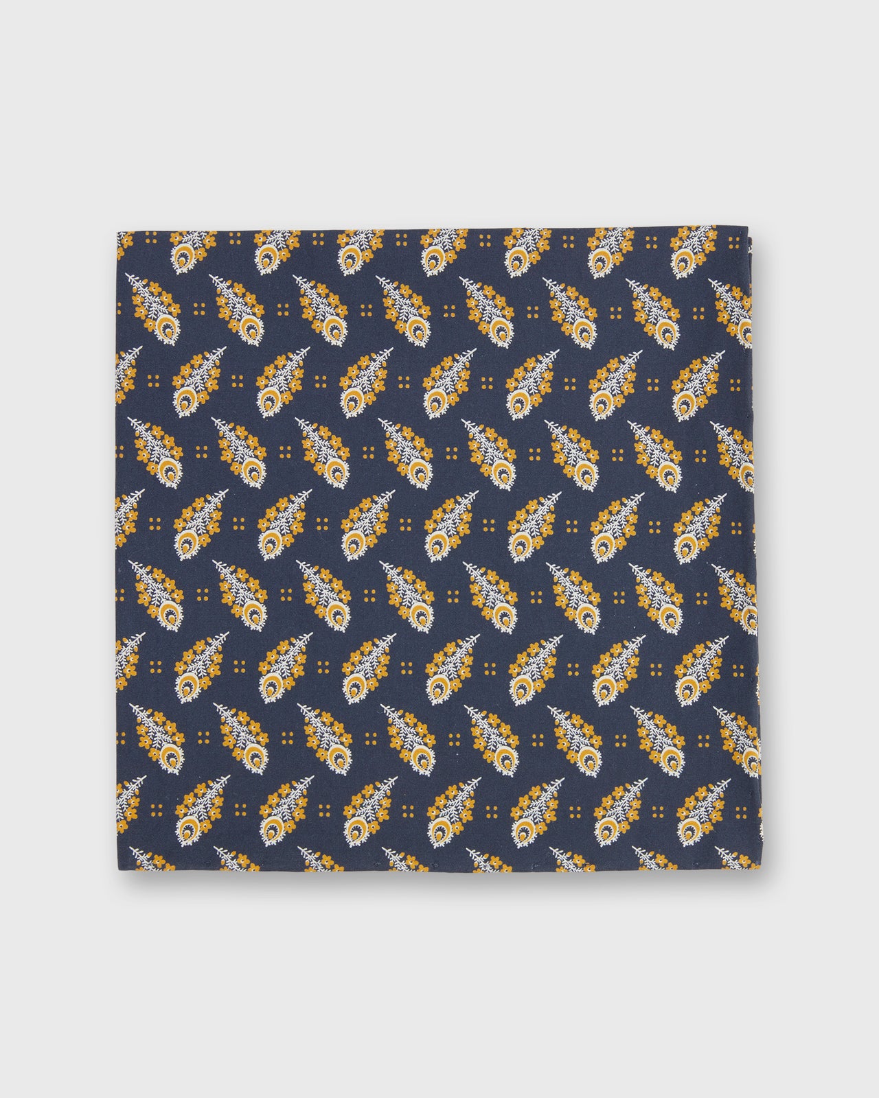 Hand-Rolled Cotton Pocket Square in Navy/Gold Paisley Feather Liberty Fabric