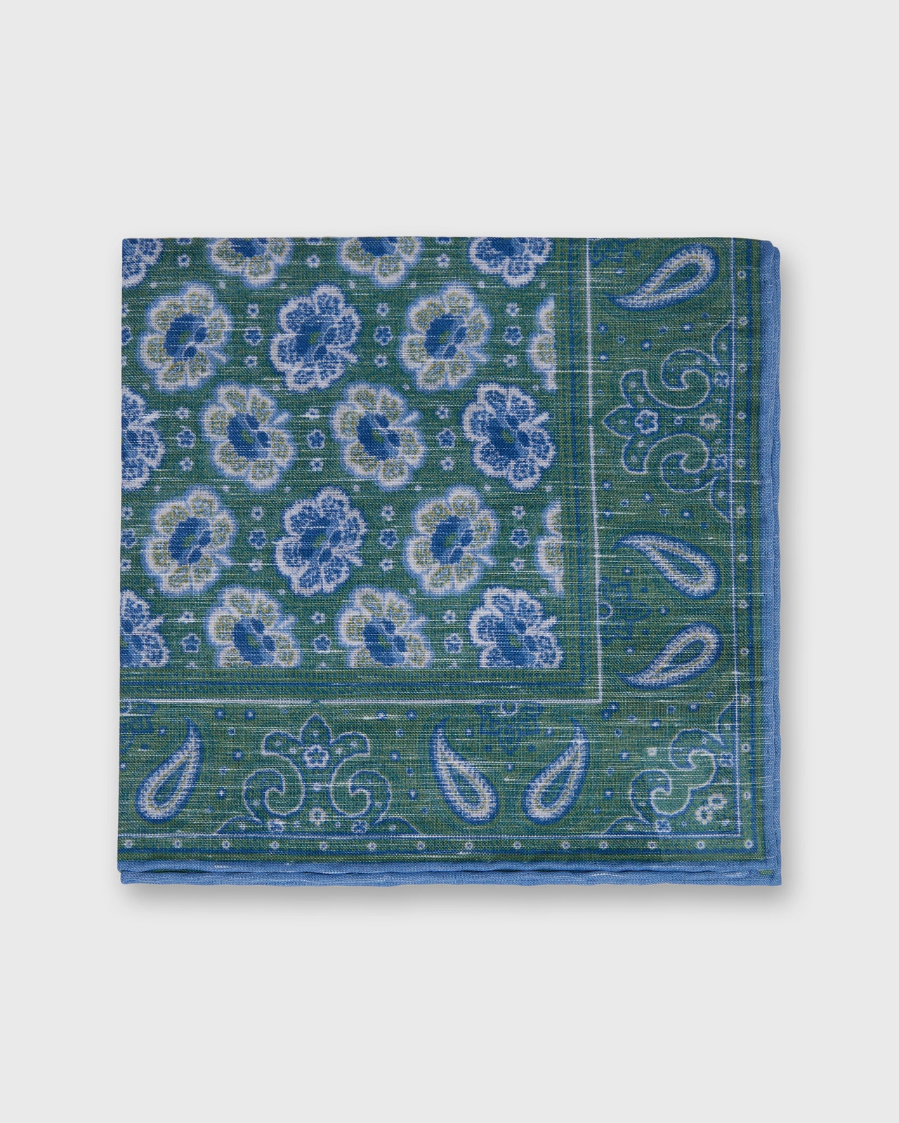Hand-Rolled Linen/Cotton Pocket Square in Green/Blue Paisley