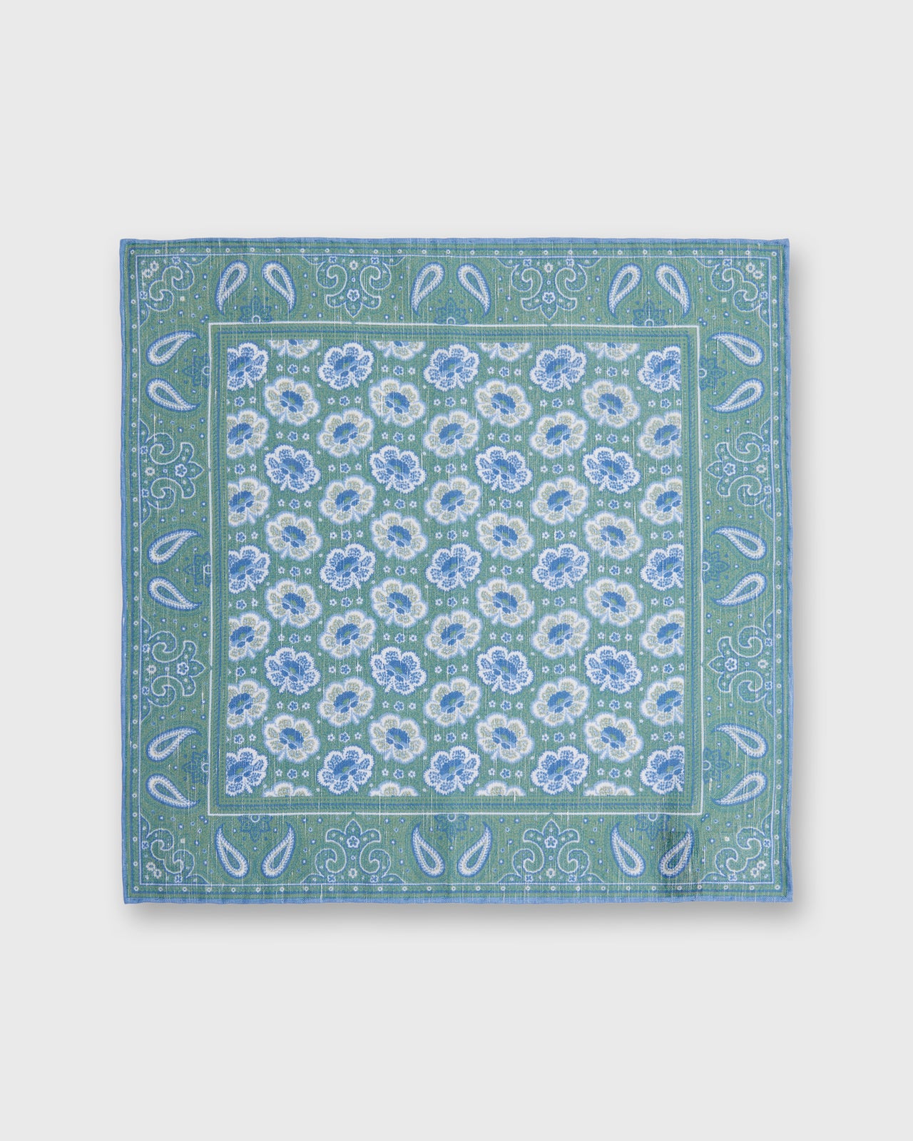 Hand-Rolled Linen/Cotton Pocket Square in Green/Blue Paisley