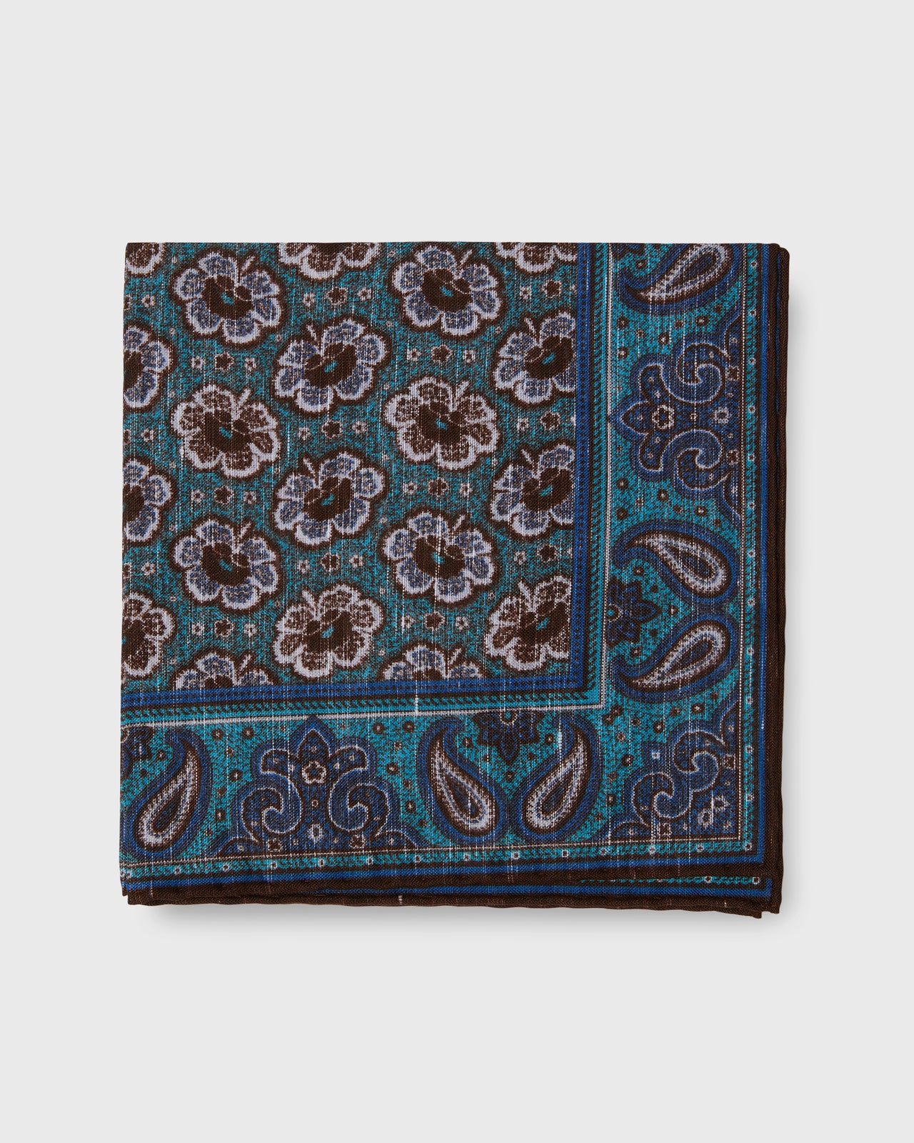 Hand-Rolled Linen/Cotton Pocket Square in River/Brown Paisley