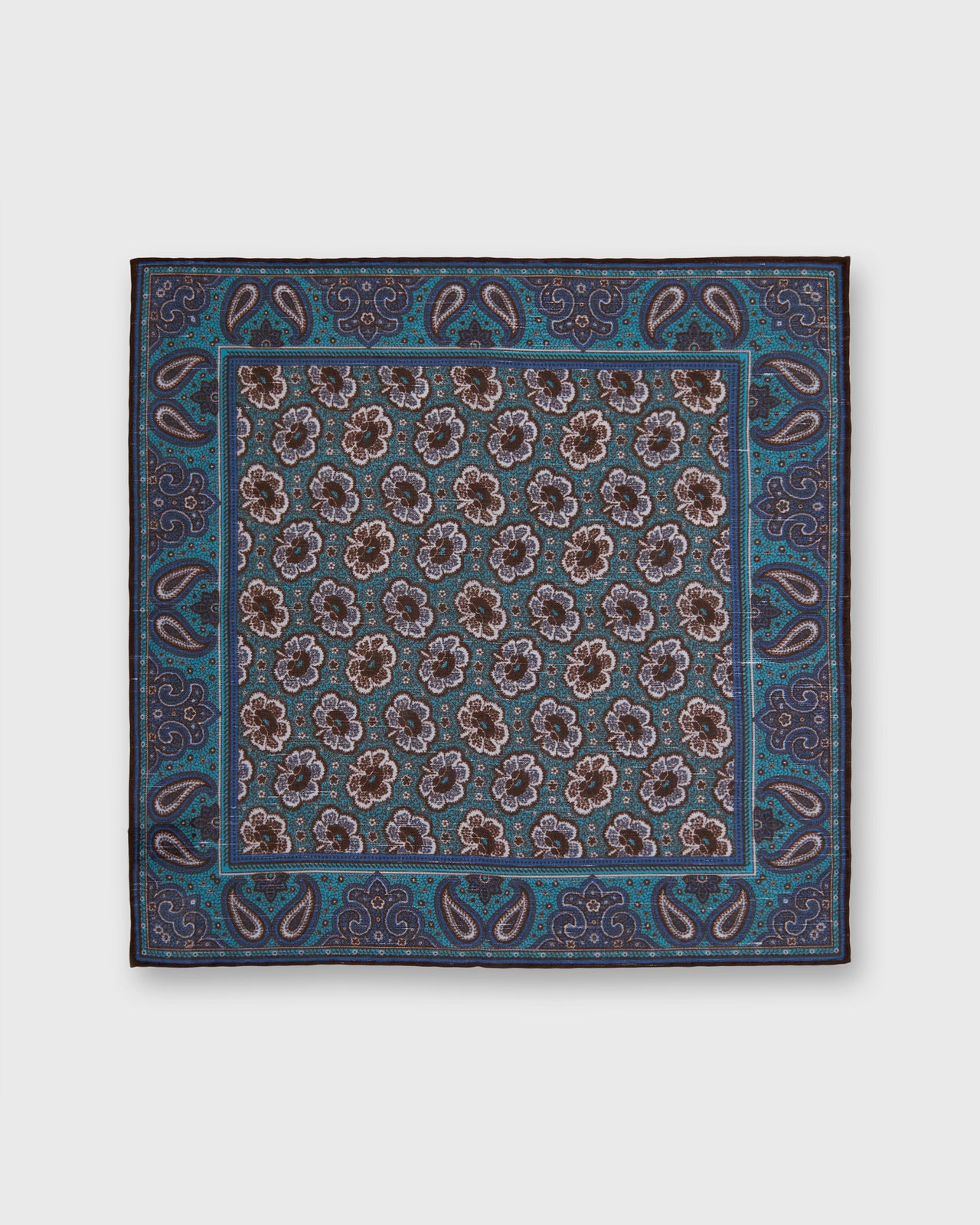 Hand-Rolled Linen/Cotton Pocket Square in River/Brown Paisley
