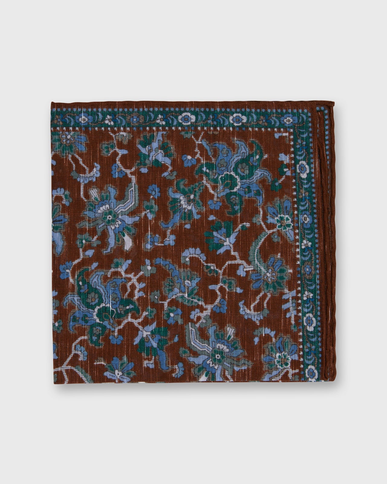 Hand-Rolled Linen/Cotton Pocket Square in Brown/Blue/Green Large Floral
