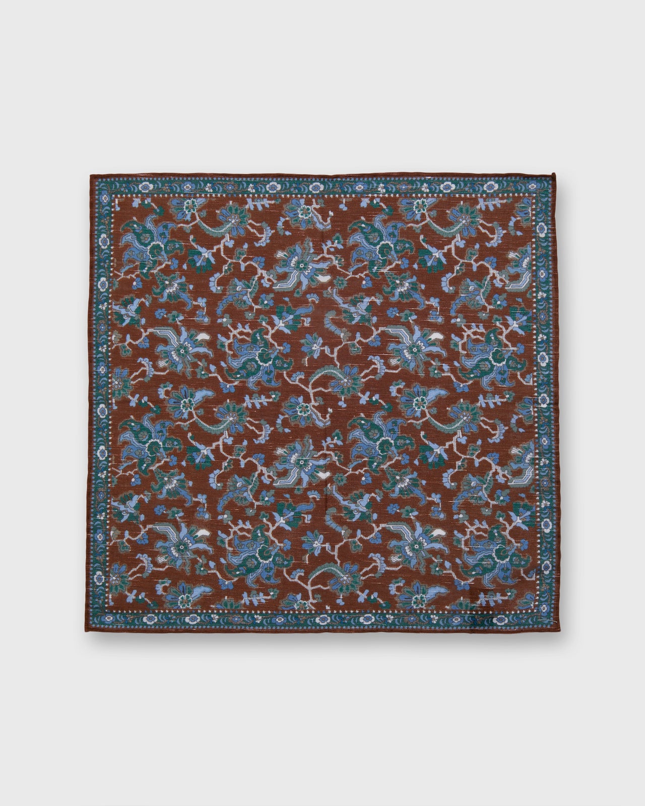 Hand-Rolled Linen/Cotton Pocket Square in Brown/Blue/Green Large Floral