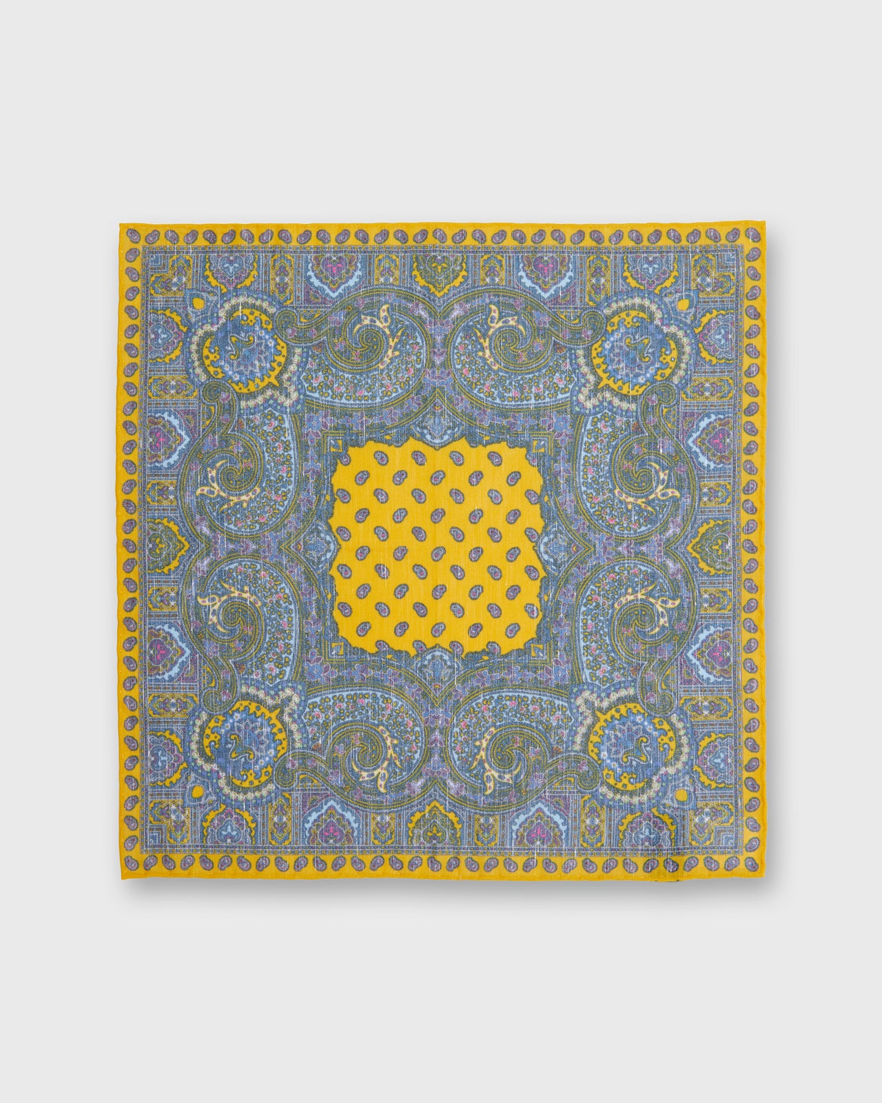 Hand-Rolled Linen/Cotton Pocket Square in Yellow Paisley