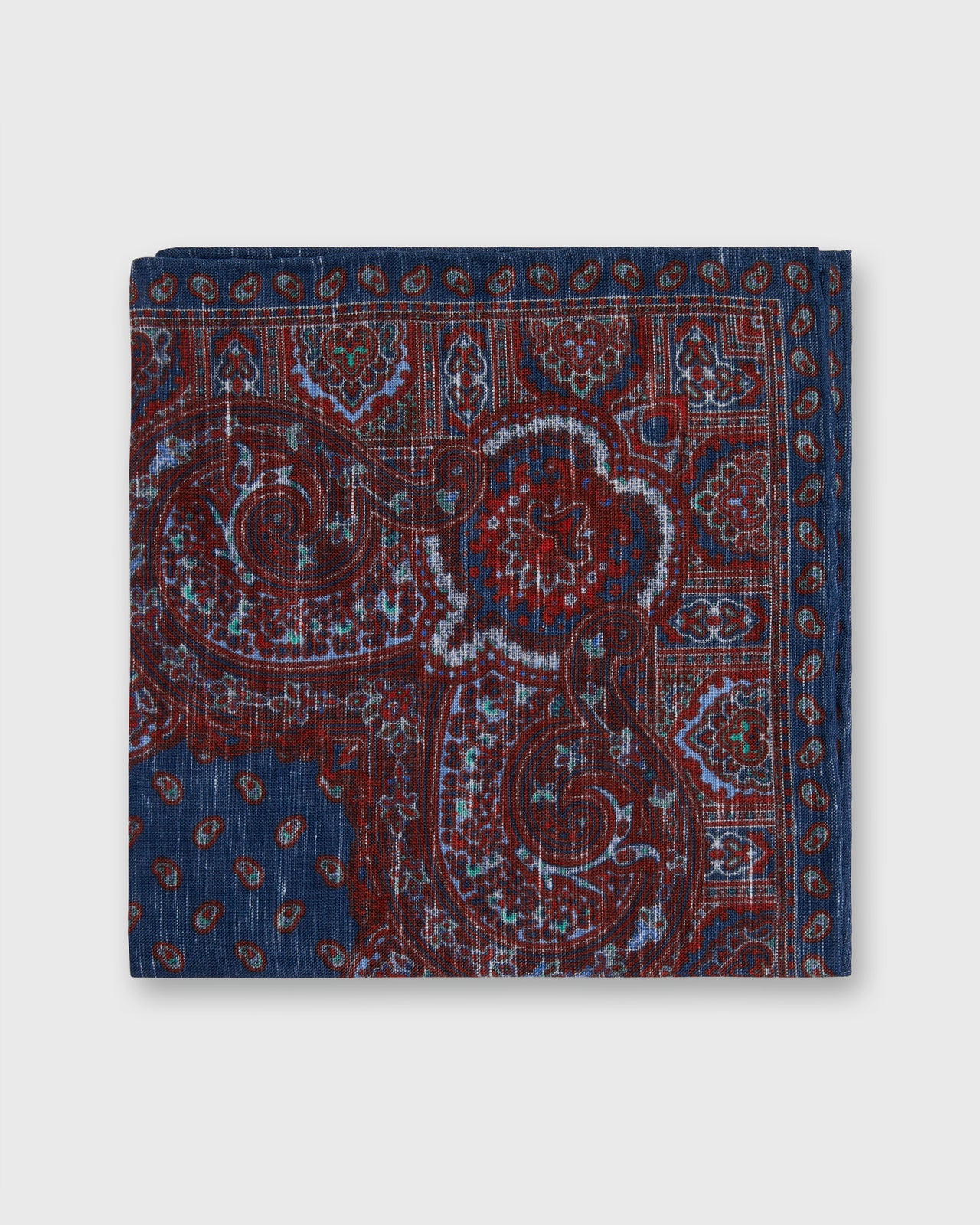 Hand-Rolled Linen/Cotton Pocket Square in Navy Paisley