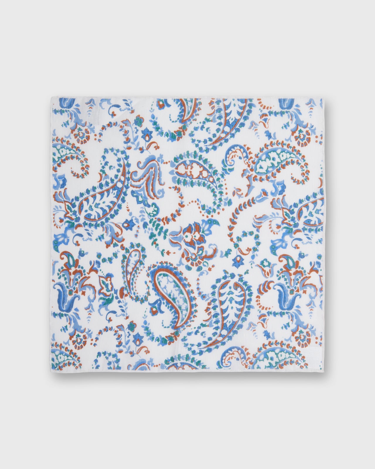 Hand-Rolled Linen/Cotton Pocket Square in Bone/Blue/Tan Paisley Floral